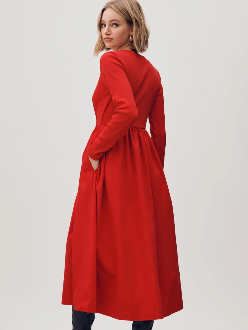 Maeve Anthropologie Red Maeve Long-Sleeve Twofer Cardigan Midi Dress